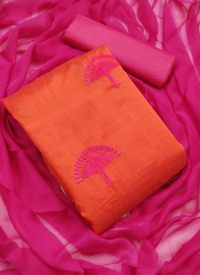 Orange Chanderi Casual Wear Embroidery Work Dress Material
