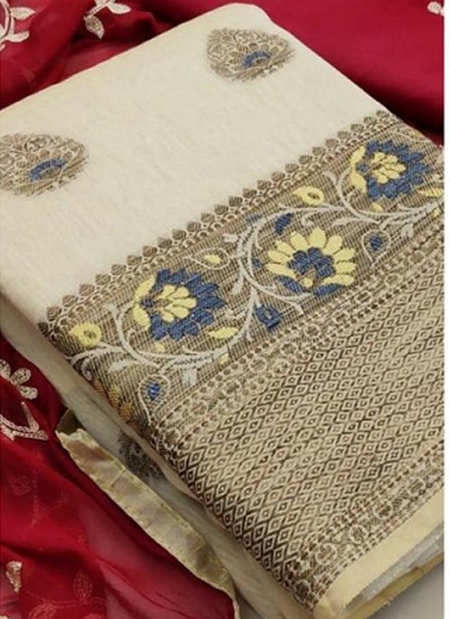 Cream Banarasi Silk Festival Wear Jacquard Dress Material