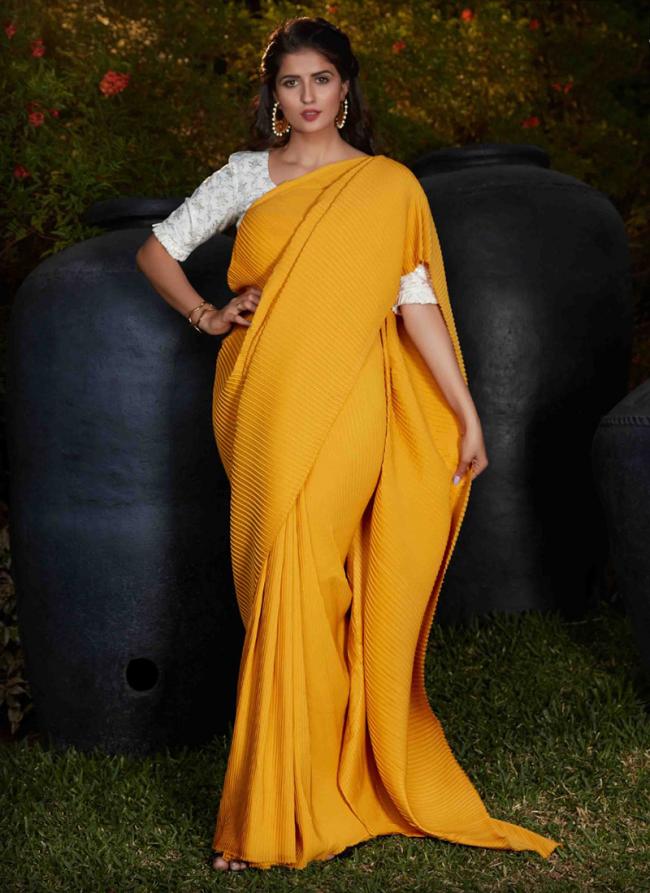 Yellow Silk Party Wear Pitting Work Saree