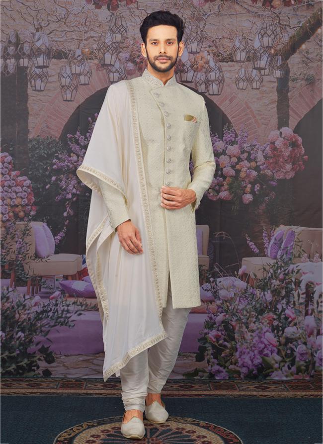 Royal Cream Art Banarasi Silk Wedding Wear Embroidery Work Sherwani