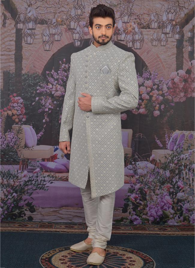 Light gray cream Georgette Wedding Wear Pattern Sherwani