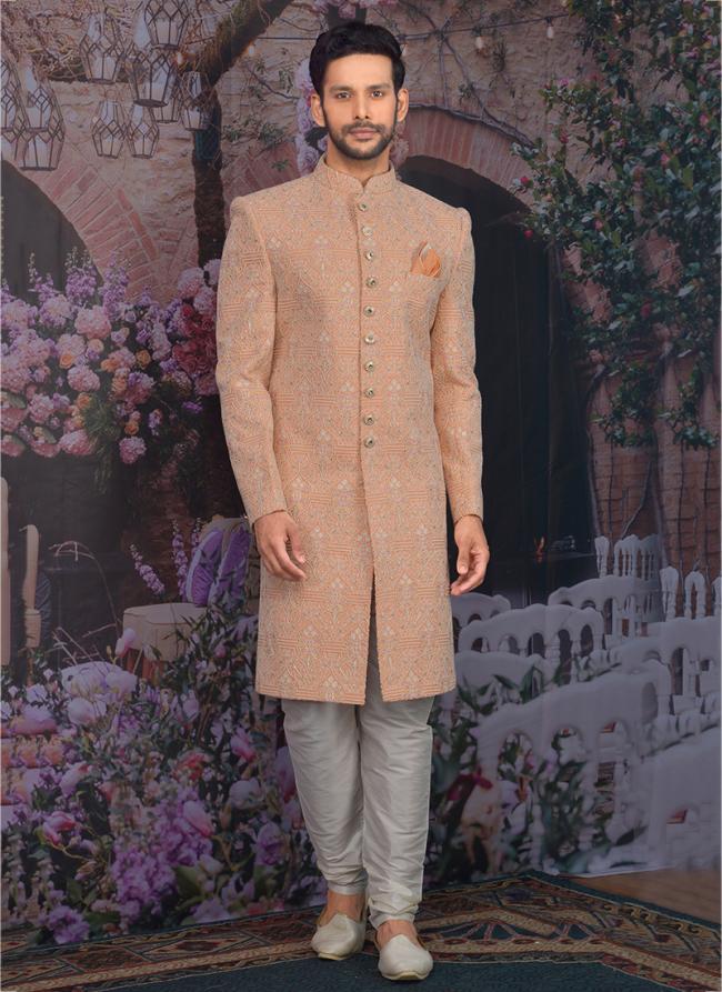 Peach Georgette Wedding Wear Pattern Churidar Sherwani