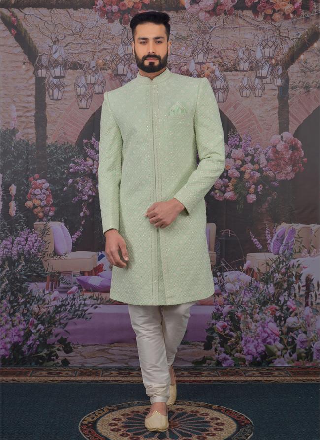 Pista green Georgette Wedding Wear Pattern Sherwani