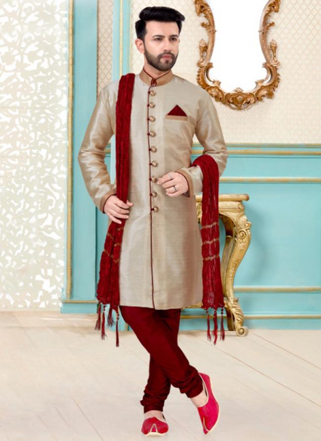 Beige And Maroon Santom Silk Festival Wear Fancy Kurta Pajama