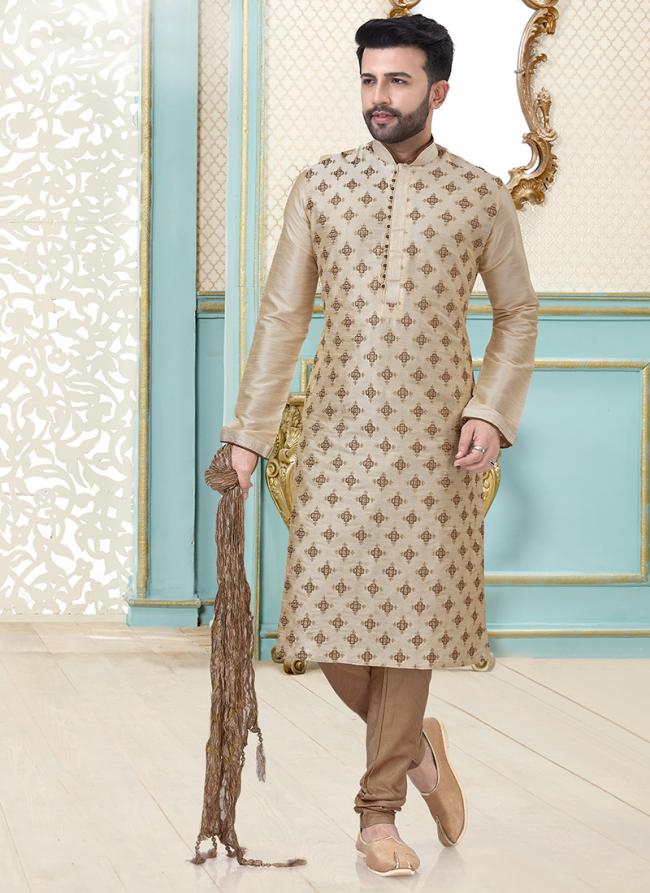 Cream Festival Wear Dupion Silk Fancy Kurta Pajama