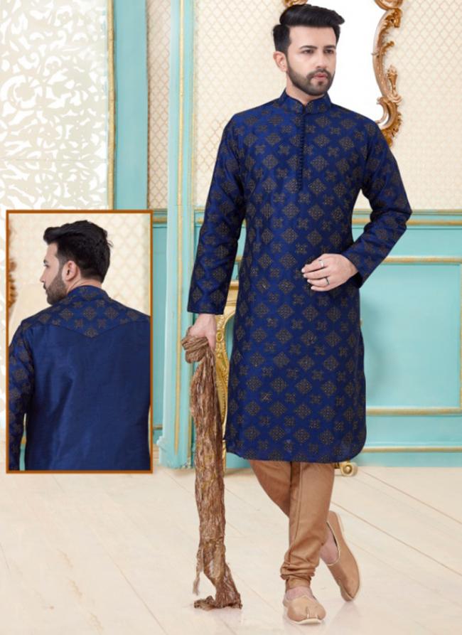 Fancy Blue Dupion Silk Festival Wear Kurta Pajama