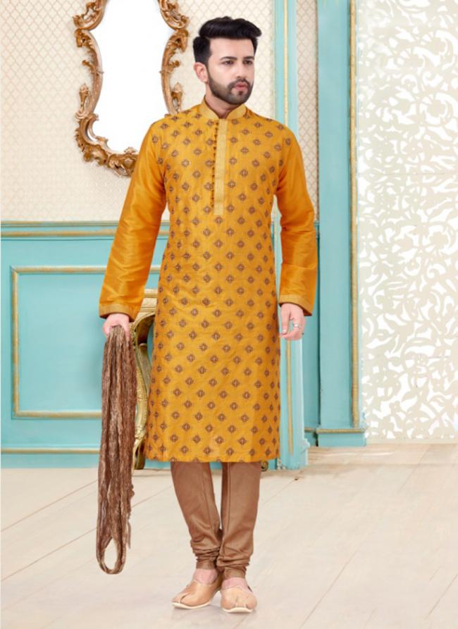 Yellow Dupion Silk Festival Wear Fancy Kurta Pajama