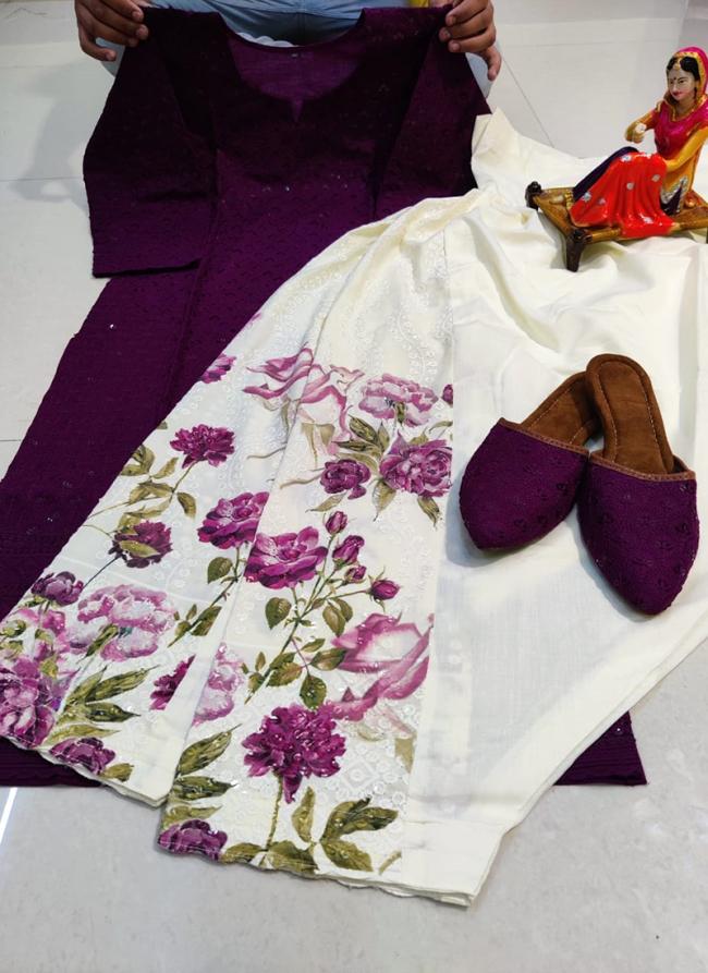 Purple Pure Cotton Traditional Wear Chikan Work Kurti With Patiyala