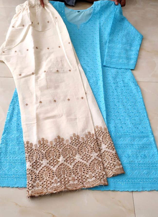 Sky Blue Cotton Traditional Wear Chikan Work Kurti With Palazzo