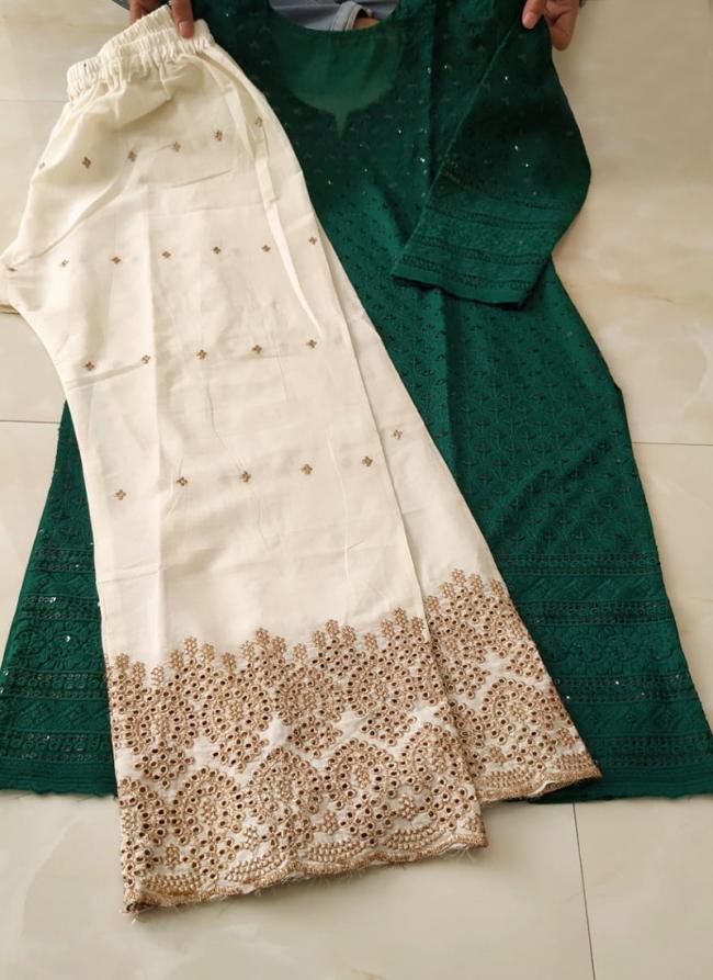 Rama Green Cotton Traditional Wear Chikan Work Kurti With Palazzo