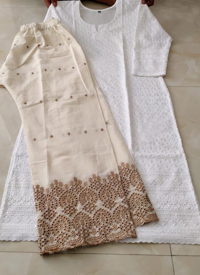 White Cotton Traditional Wear Chikan Work Kurti With Palazzo