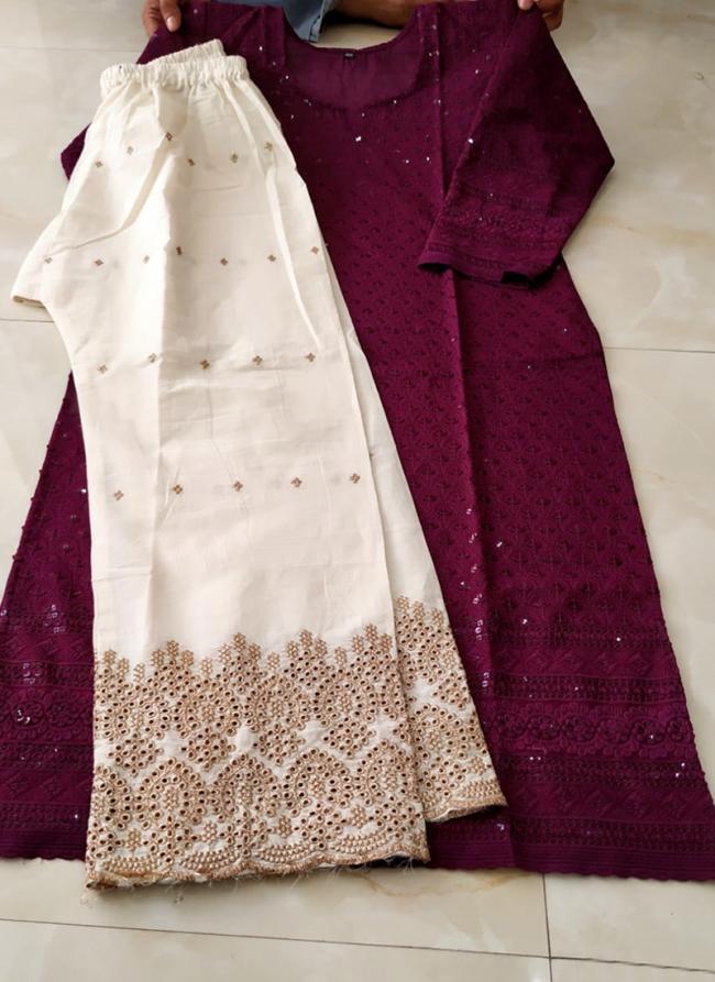 Wine Cotton Traditional Wear Chikan Work Kurti With Palazzo