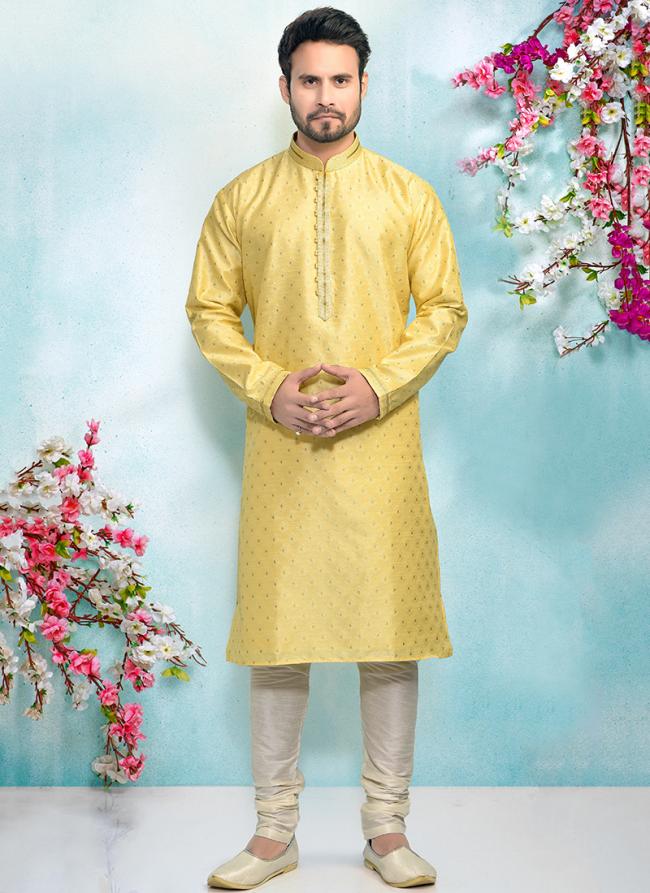 Lemon Jacquard Silk Brocade Festival Wear Weaving Kurta Pajama