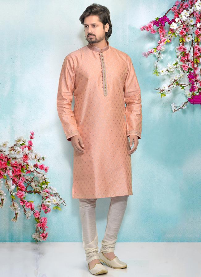 Pink Jacquard Silk Brocade Festival Wear Weaving Kurta Pajama