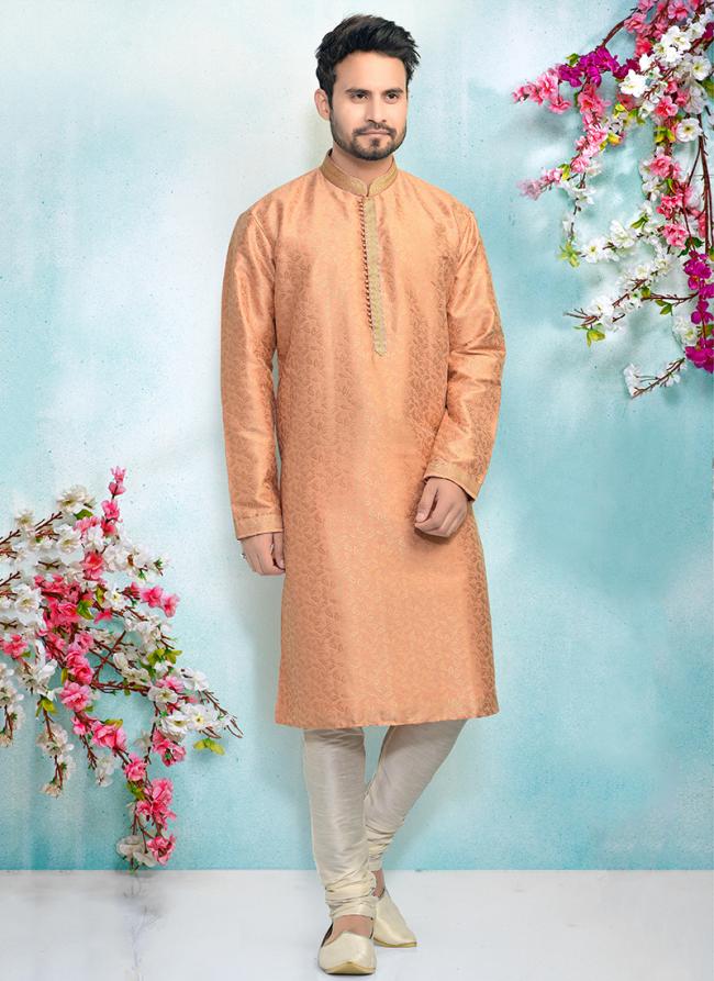 Peach BrocadeJacquard Silk  Festival Wear Weaving Kurta Pajama