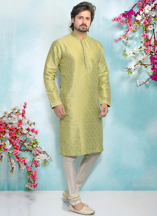 Pista Green Jacquard Silk Brocade Festival Wear Weaving Kurta Pajama