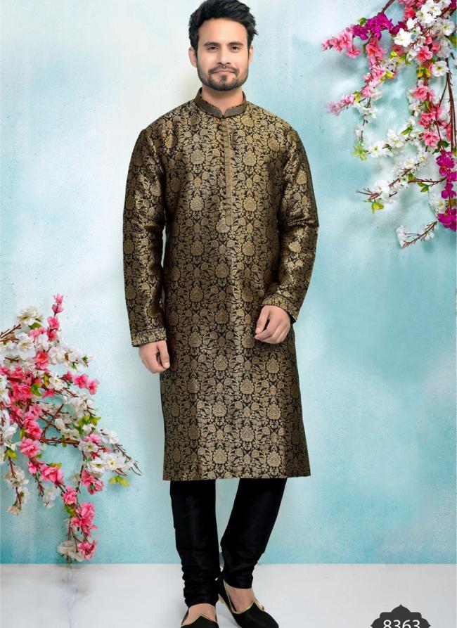 Black Jacquard Silk Brocade Festival Wear Weaving Kurta Pajama