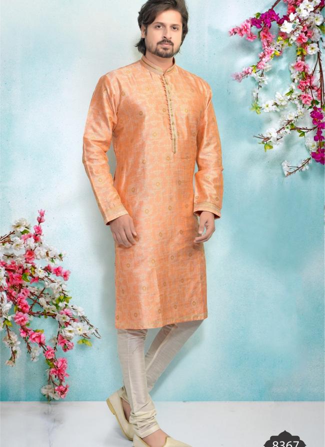 Peach Jacquard Silk Brocade Festival Wear Weaving Kurta Pajama