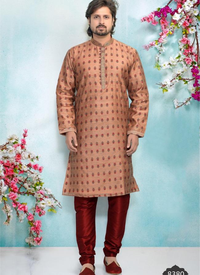 Peach Jacquard Silk Brocade Festival Wear Weaving Kurta Pajama