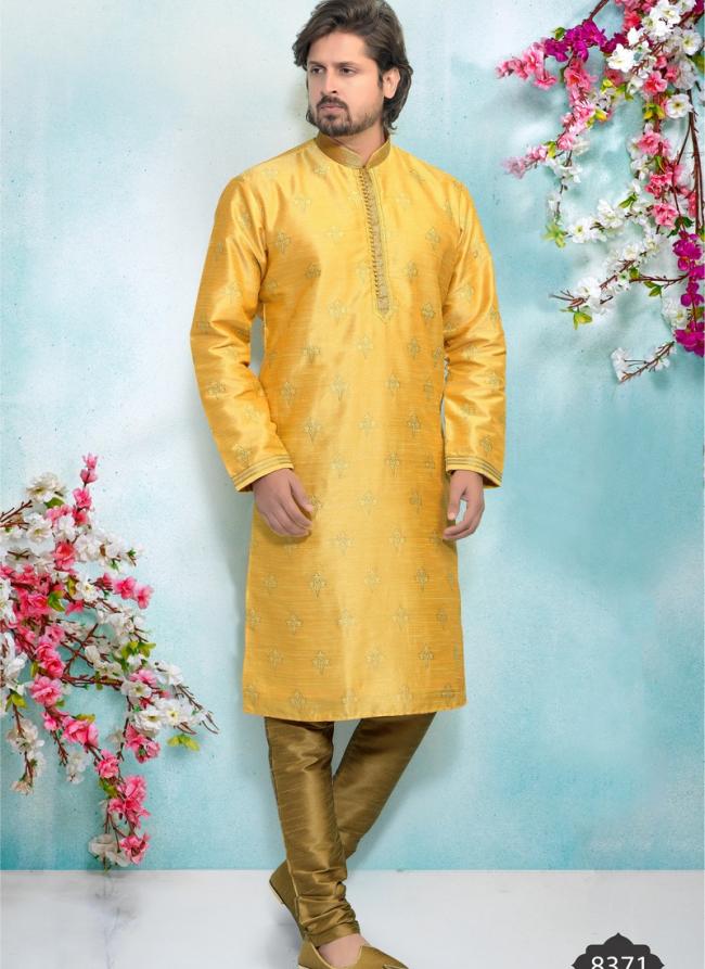 Yellow Jacquard Silk Brocade Festival Wear Weaving Kurta Pajama