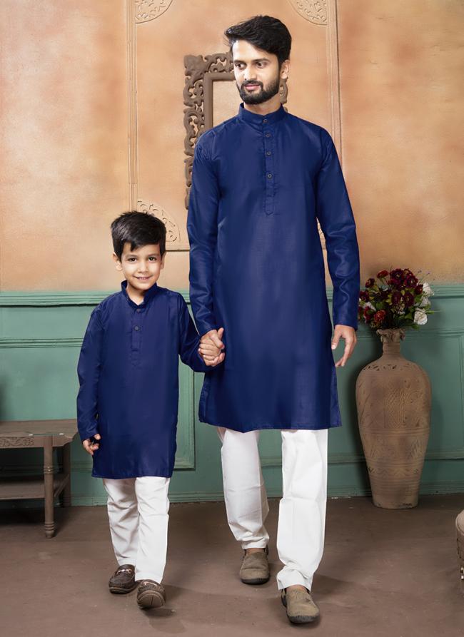 Navy Blue Pure Cotton Traditional Wear Plain Mens And Boys Kurta  Kurta