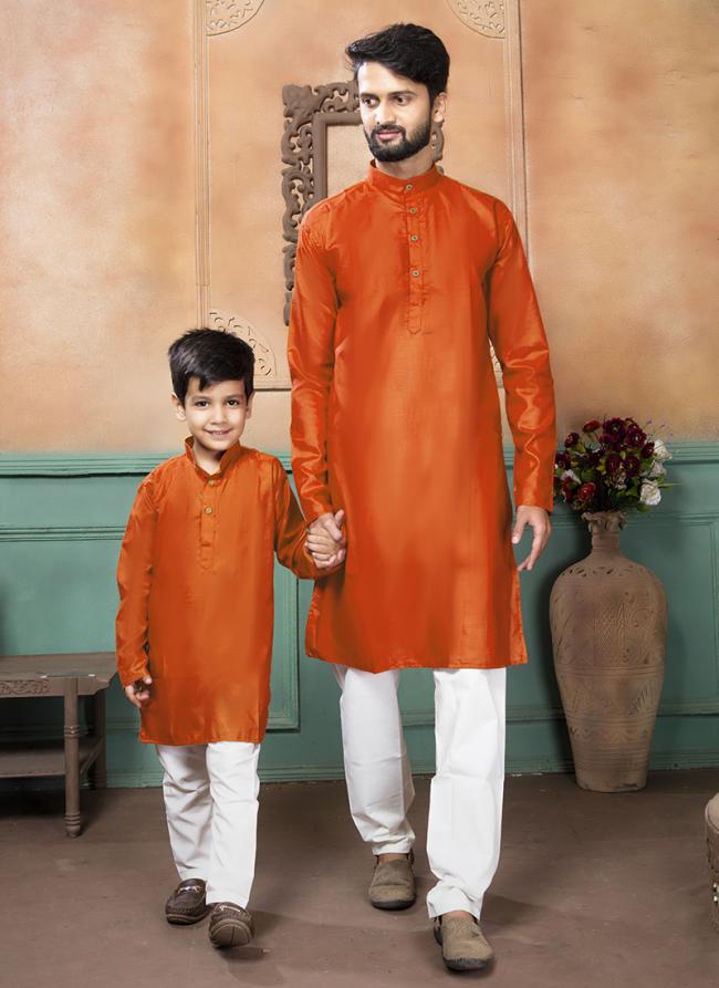 Orange Pure Cotton Traditional Wear Plain Mens And Boys Kurta Kurta