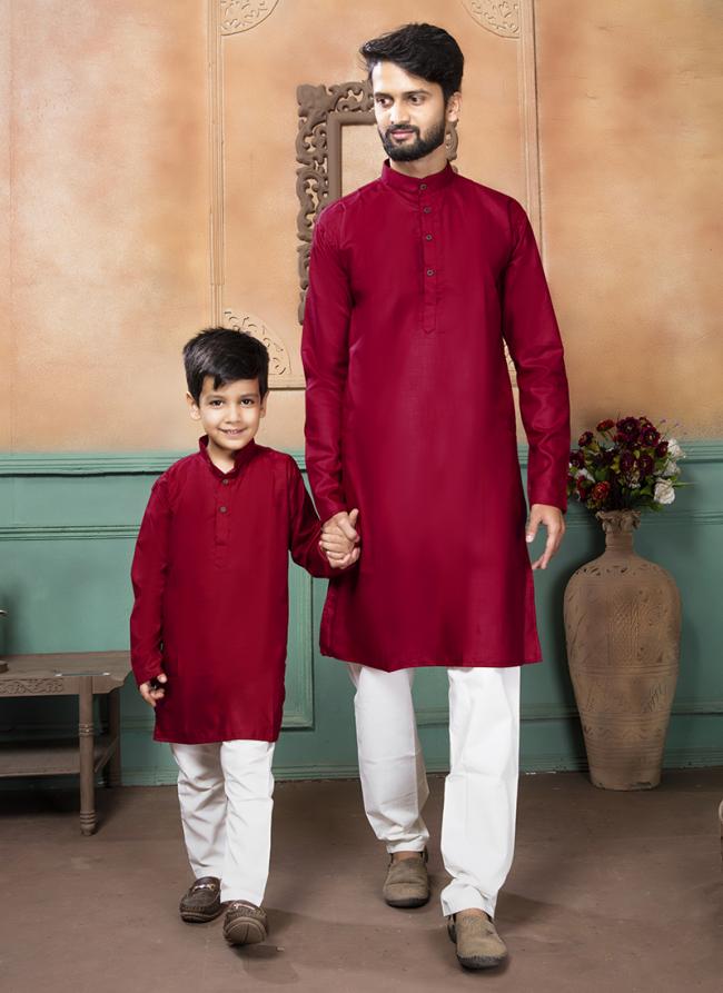 Red Pure Cotton Traditional Wear Plain Mens And Boys Kurta  Kurta