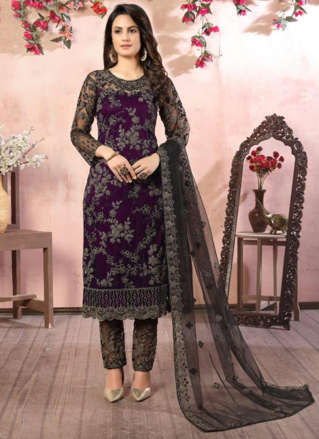 Purple Net Festival Wear Embroidery Work Churidar Suit