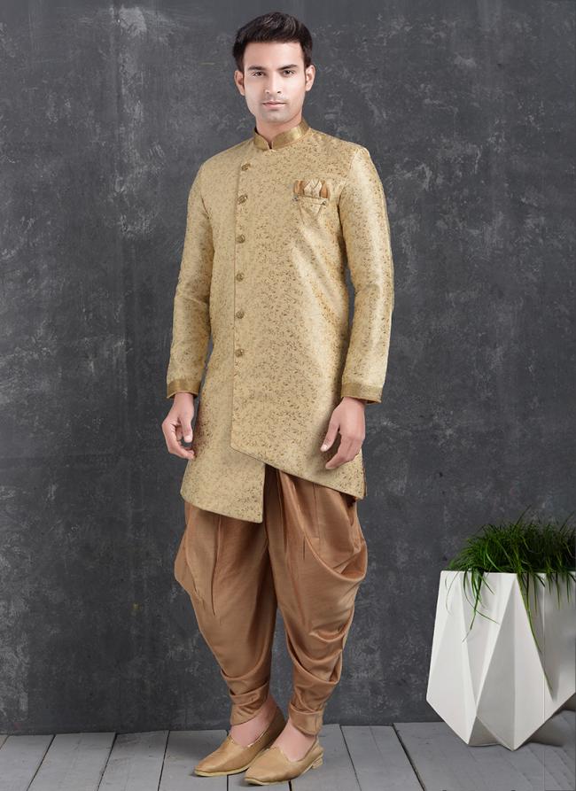 Cream Jaqurd Silk Brocade Festival Wear Pintux Peshawari Indo Western