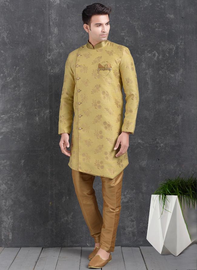 Lemon Jaqurd Silk Brocade Festival Wear Pintux Aligadhi Pant Indo Western