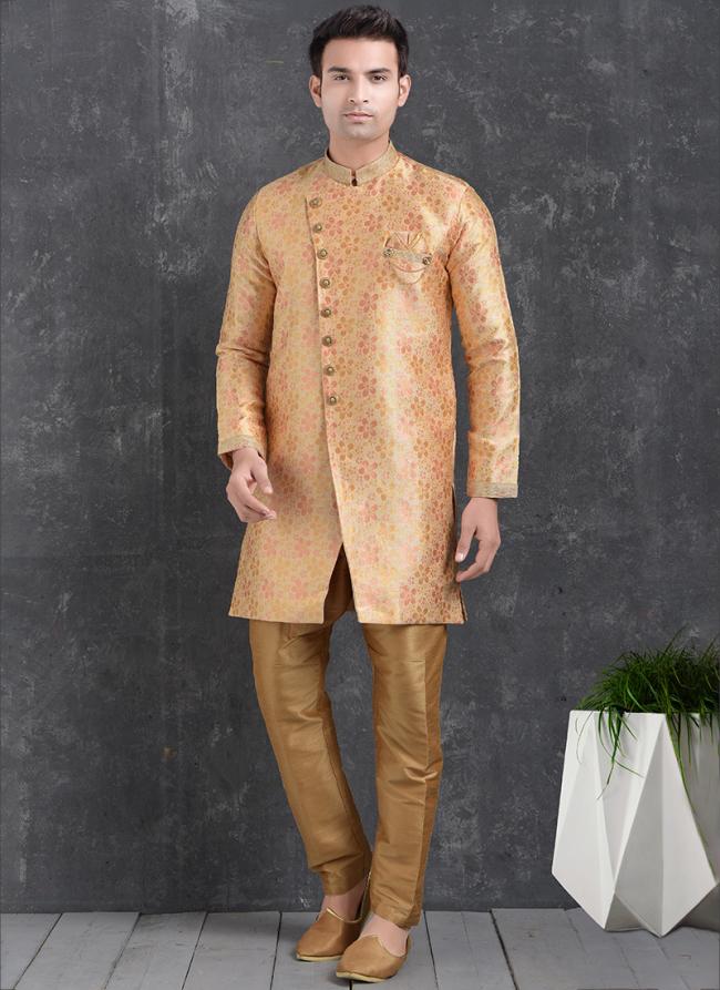 Peach Jaqurd Silk Brocade Festival Wear Pintux Aligadhi Pant Indo Western