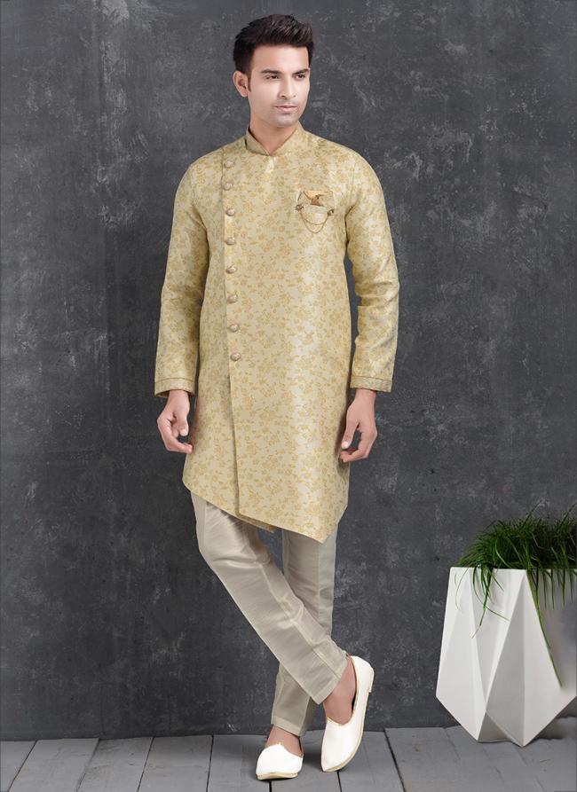 Cream Jaqurd Silk Brocade Festival Wear Pintux Aligadhi Pant Indo Western