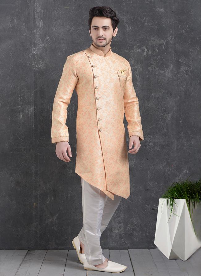 Peach Jaqurd Silk Brocade Festival Wear Pintux Aligadhi Pant Indo Western