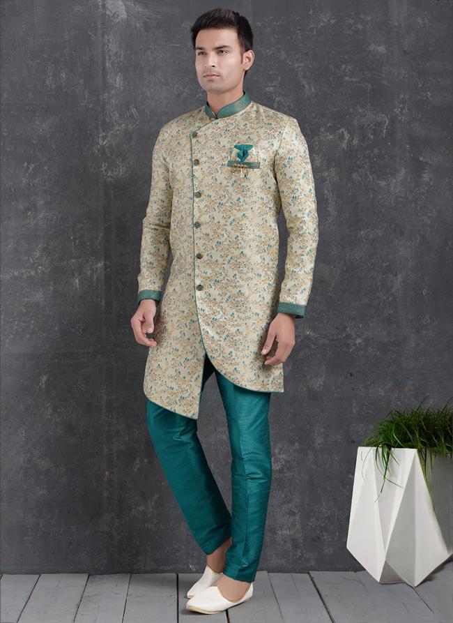 Teal cream Jaqurd Silk Brocade Festival Wear Pintux Aligadhi Pant Indo Western