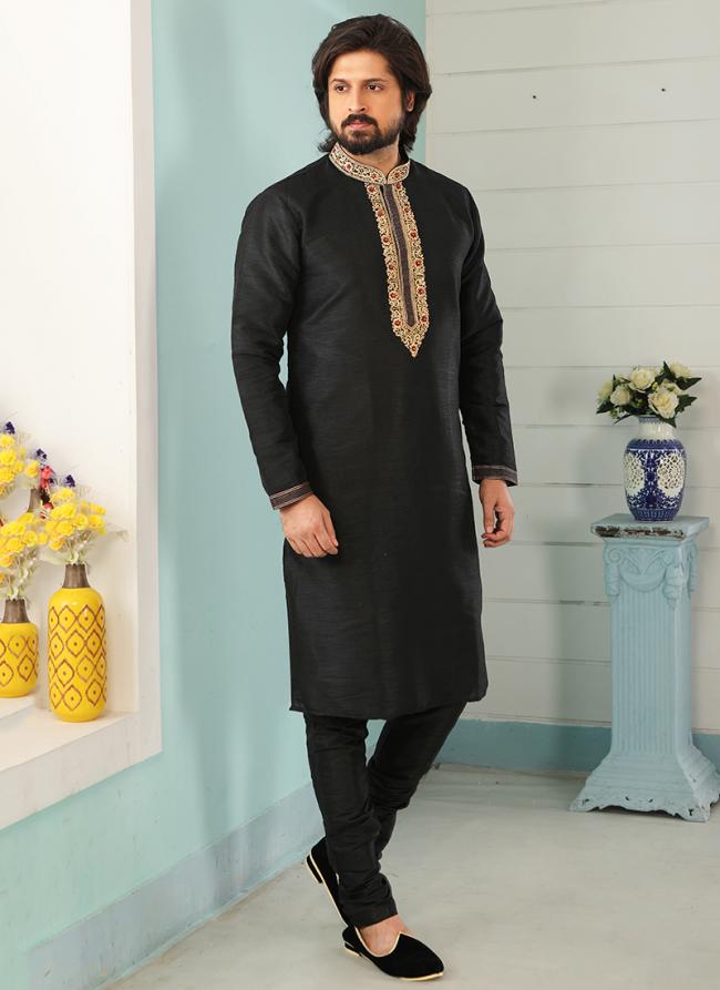 Black Art Banarasi Silk Traditional Wear Embroidery Work Kurta Pajama