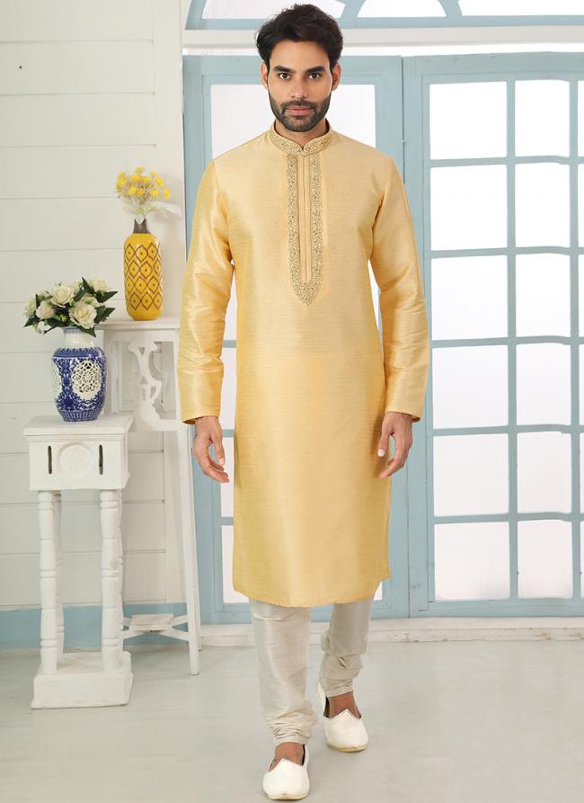 Gold Art Banarasi Silk Traditional Wear Embroidery Work Kurta Pajama