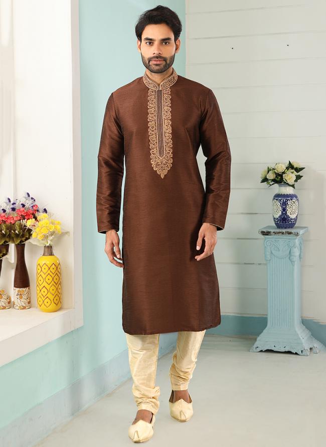 Cofee Art Banarasi Silk Traditional Wear Embroidery Work Kurta Pajama