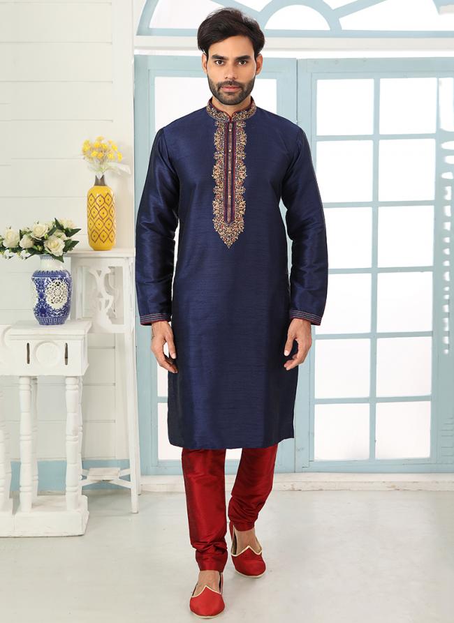 Navy Blue Art Banarasi Silk Traditional Wear Embroidery Work Kurta Pajama