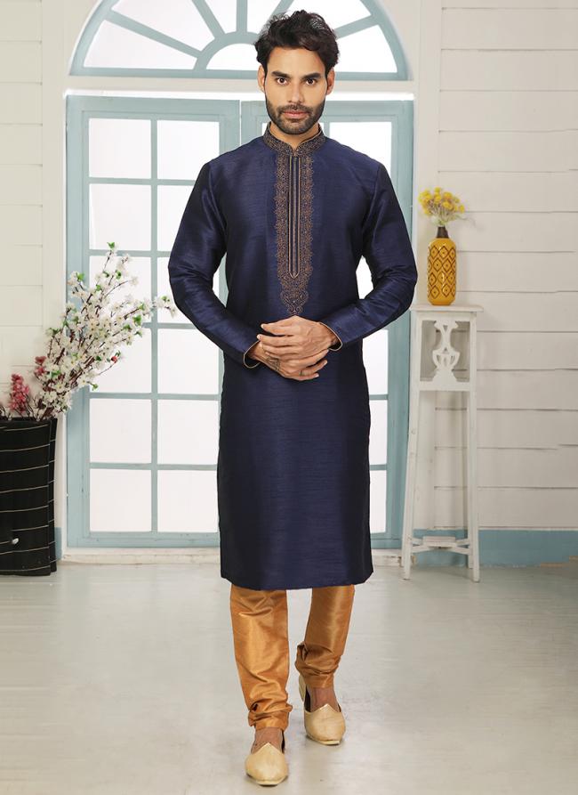 Trendy Navy Blue Art Banarasi Silk Traditional Wear Embroidery Work Kurta Pajama