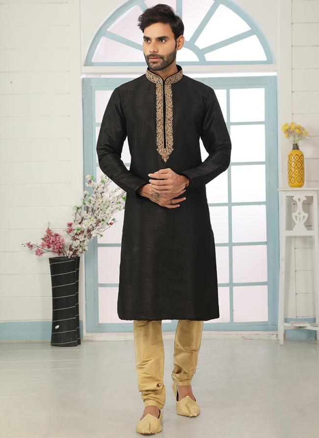 Black Art Banarasi Silk Traditional Wear Embroidery Work Kurta Pajama