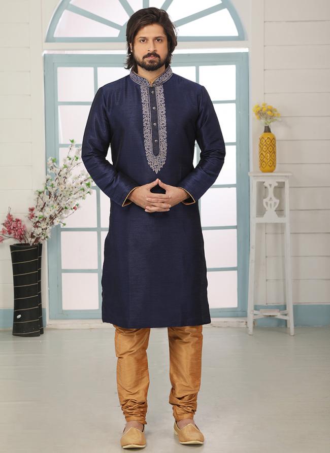 Navy Blue Art Banarasi Silk Traditional Wear Embroidery Work Kurta Pajama