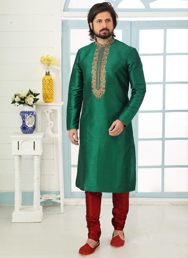 Green Art Banarasi Silk Traditional Wear Embroidery Work Kurta Pajama