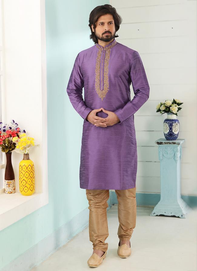 Purple Dupion Art  silk Traditional Wear Embroidery Work Kurta Pajama