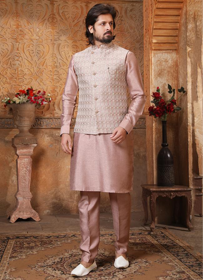 Light Pink Banarasi Silk Traditional Wear Weaving Aligadhi Pant Kurta