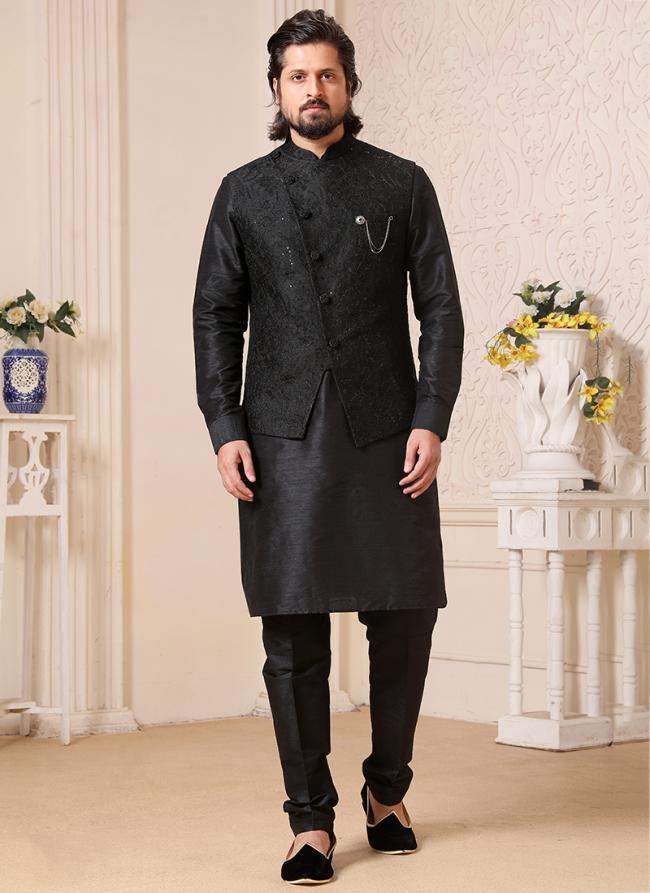 Hot Black Banarasi Silk Traditional Wear Weaving Aligadhi Pant Kurta