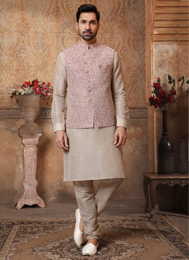 Pink Banarasi Silk Traditional Wear Weaving Aligadhi Pant Kurta