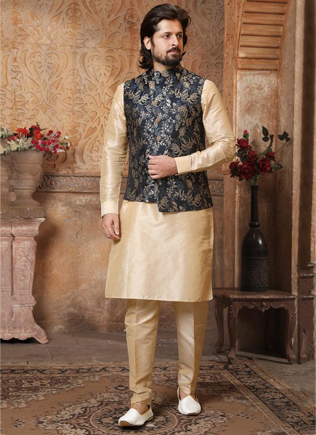 Beige Banarasi Silk Traditional Wear Weaving Aligadhi Pant Kurta