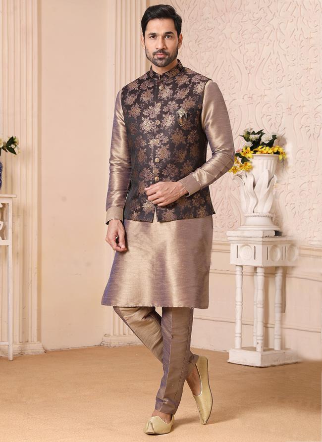 Grey Banarasi Silk Traditional Wear Weaving Aligadhi Pant Kurta