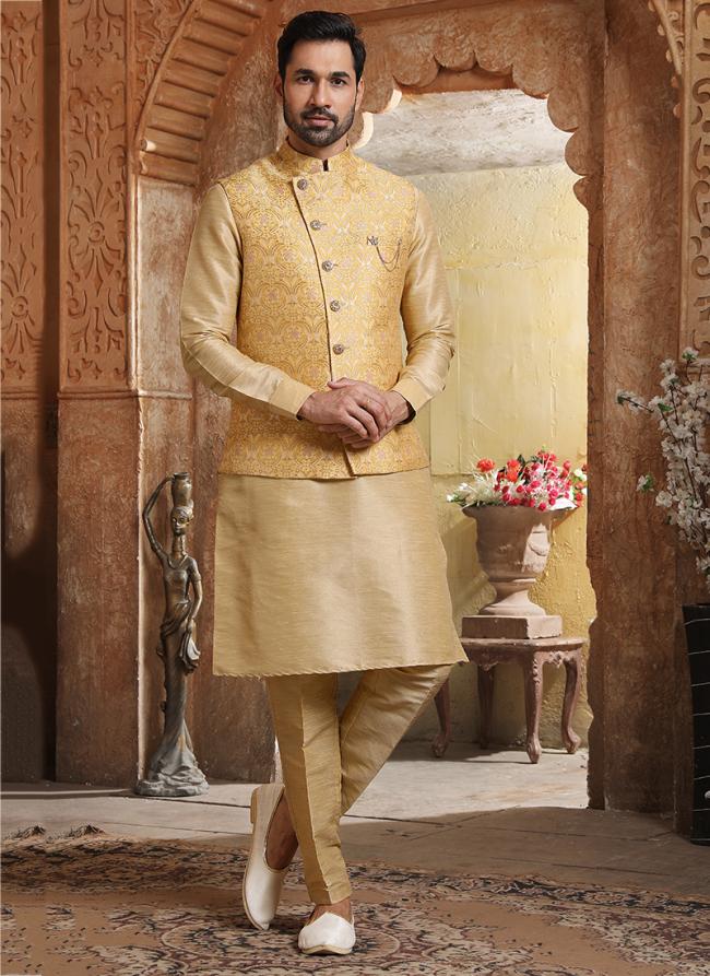 Yellow Banarasi Silk Traditional Wear Weaving Aligadhi Pant Kurta