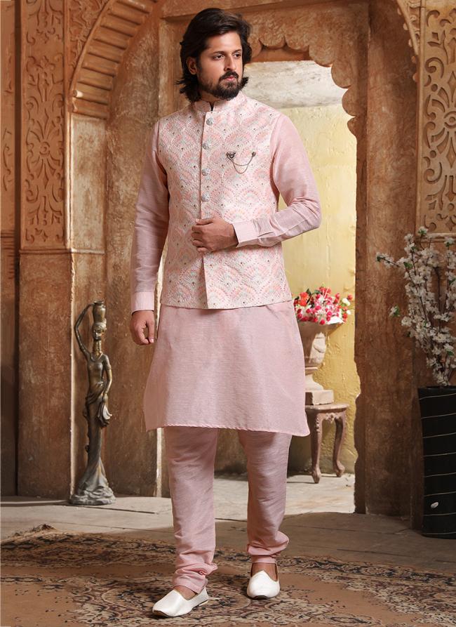 Light Pink Banarasi Silk Traditional Wear Weaving Chudidar Kurta